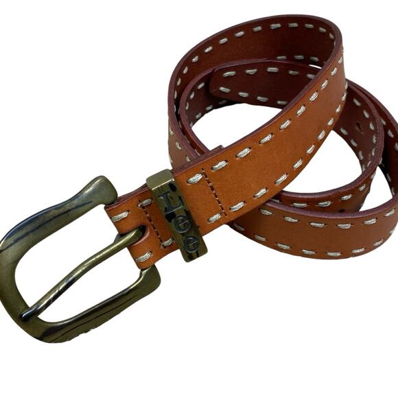 Lee Genuine Leather Belt Size S Brown Cream Stitching Western Southwestern - Picture 1 of 6